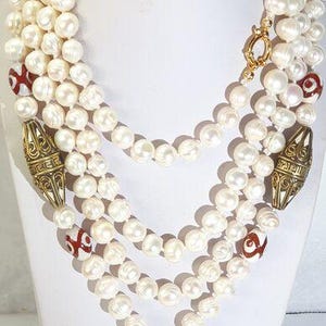 Freshwater Pearl Necklace Bracelet Set – Buddhist Protection Amulets, Om Symbol, Tibetan Dzi Beads