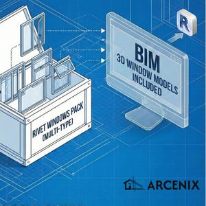 Puede incluir: Ilustración digital sobre fondo de plano, con una caja «RIVET WINDOWS PACK (MULTI-TYPE)» que contiene modelos de ventanas. Una pantalla de ordenador muestra «BIM 3D WINDOW MODELS INCLUDED». El logotipo de Arcenix está en la parte inferior.