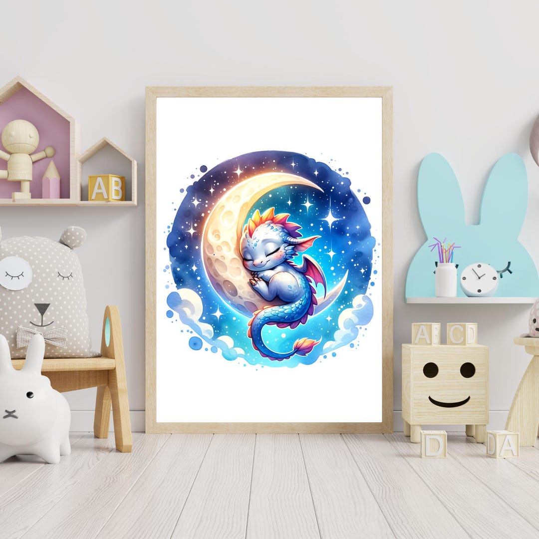 Baby Dragon Nursery Wall Art Printable | Fantasy Kids Room Decor Moon ...