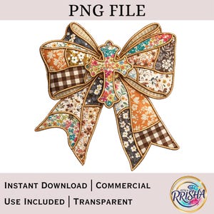 May include: A decorative bow with a patchwork design featuring floral and gingham patterns in shades of orange, brown, and white. The bow has a gold trim and a cross-shaped center. The text "PNG FILE" is at the top.
