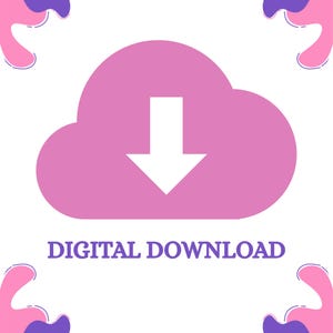 K&ouml;nnte beinhalten: Grafik f&uuml;r digitalen Download mit einer rosa Wolke und einem wei&szlig;en Pfeil nach unten. Der Text "DIGITAL DOWNLOAD" steht in Lila unter der Wolke. Das Design befindet sich auf einem wei&szlig;en Hintergrund mit dekorativen rosa und lila Formen.