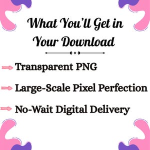 K&ouml;nnte beinhalten: Wei&szlig;er Hintergrund mit dem Text "What You'll Get in Your Download". Darunter drei Aufz&auml;hlungspunkte: "Transparent PNG", "Large-Scale Pixel Perfection" und "No-Wait Digital Delivery". Rosa und lila abstrakte Formen in den Ecken.