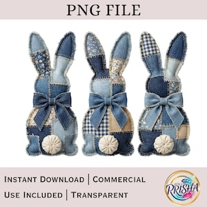 Peut inclure: Trois décorations de lapin en patchwork de denim avec des nœuds papillon bleus et des queues en pompon crème. Les lapins sont faits de divers motifs en denim, dont des motifs floraux et vichy. L'image comprend le texte "PNG FILE" et "INSTANT DOWNLOAD | COMMERCIAL USE INCLUDED | TRANSPARENT".