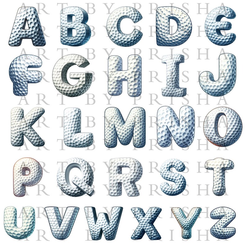 K&ouml;nnte beinhalten: Ein komplettes Alphabet aus Gro&szlig;buchstaben, die jeweils wie ein Golfball gestaltet sind. Die Buchstaben sind wei&szlig; mit einer genoppten Textur und subtilen blauen Schattierungen, wodurch ein 3D-Effekt entsteht. Die Buchstaben sind in Reihen und Spalten angeordnet.