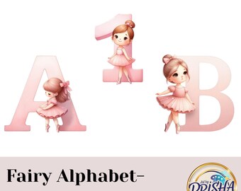 Könnte beinhalten: Rosa Feen-Alphabet- und Zahlen-PNG-Dateien. Das Bild zeigt die Buchstaben A und B sowie die Zahl 1, jeweils mit einer Ballerina-Illustration. Der Text "Fairy Alphabet - nUMBER PNG" befindet sich unten. Das Bild enthält auch den Text "36 PNG Files | 4500 x 5400 | 300 DPI | Transparent".