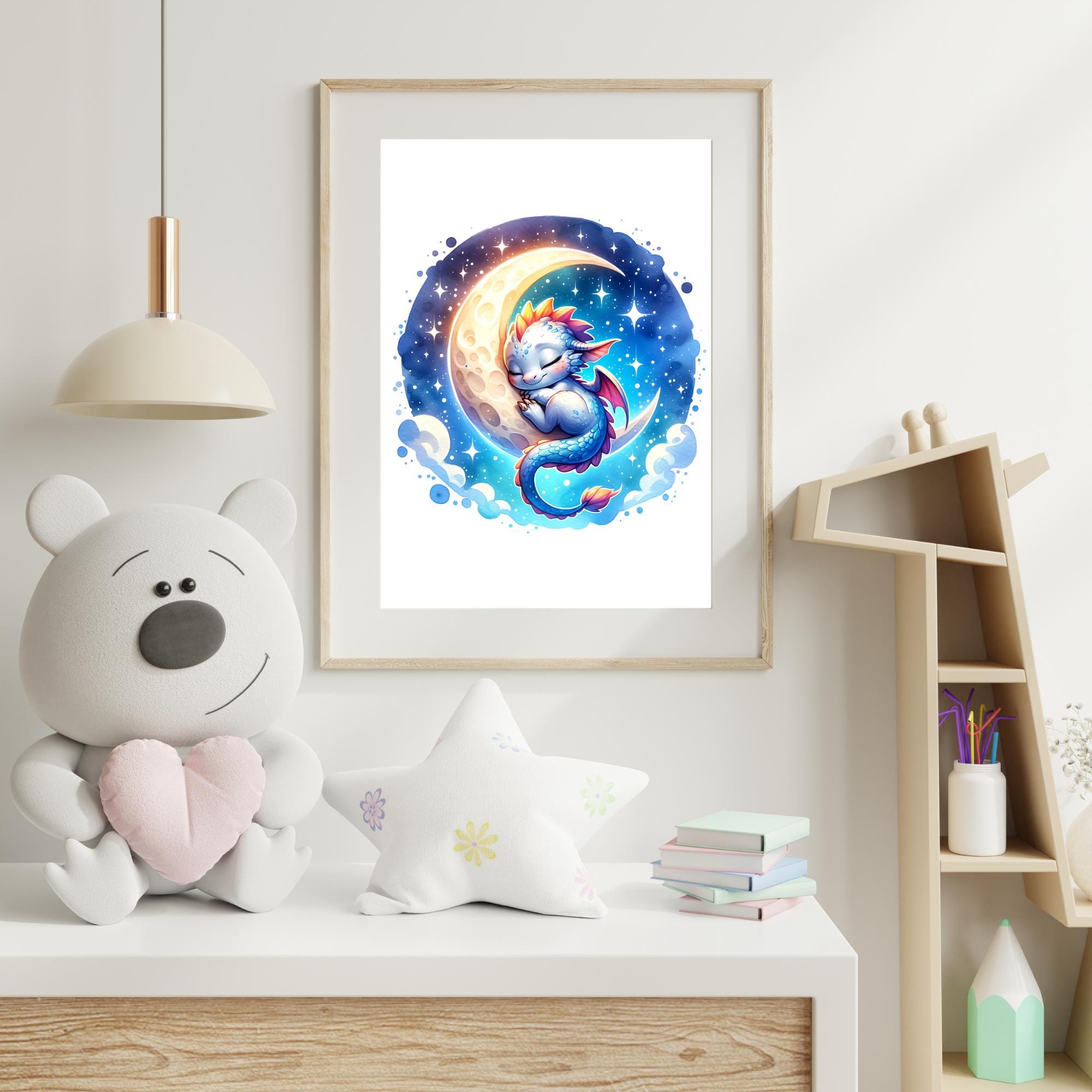 Baby Dragon Nursery Wall Art Printable | Fantasy Kids Room Decor Moon ...