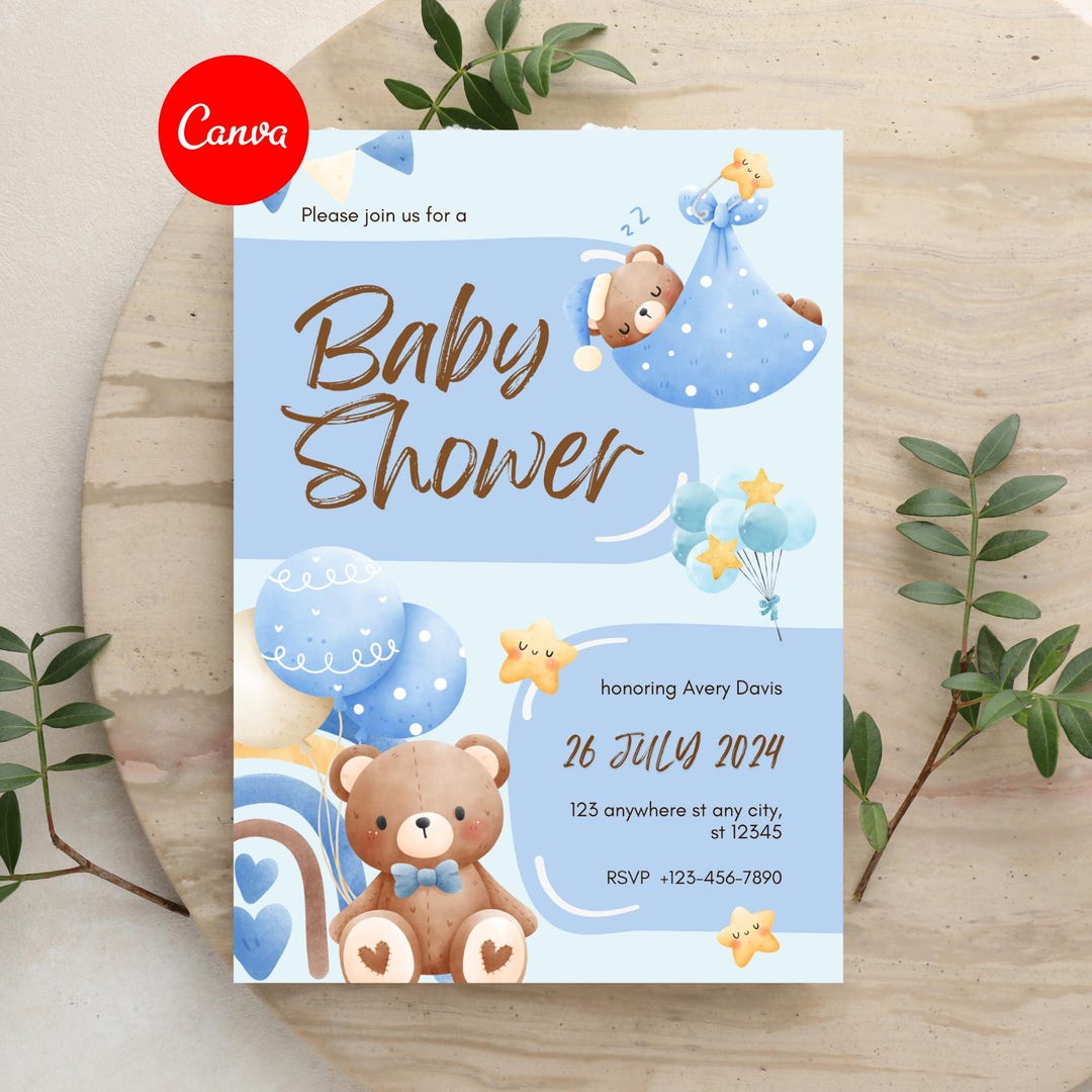 Blue Teddy Bear Baby Shower Invitation Template | Boy Canva Editable ...