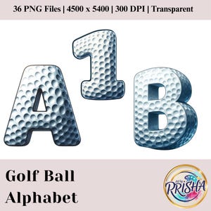 May include: Digital alphabet letters A, 1, and B, designed to resemble golf balls. The letters are white with a dimpled texture and dark gray shading. The words "Golf Ball Alphabet" are below the letters.