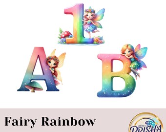 Könnte beinhalten: Eine digitale Illustration zeigt eine regenbogenfarbene Zahl 1, den Buchstaben A und den Buchstaben B, jeweils mit einer Fee. Die Feen haben bunte Flügel und Kleider. Der Text "Fairy Rainbow Alphabet" befindet sich unten, zusammen mit einem Logo.