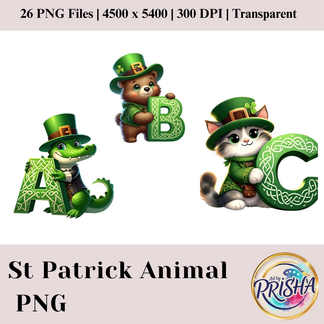 St Patrick Animal Alphabet PNG A to Z | Shamrock Letter Clipart Set ...