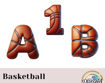 Könnte beinhalten: Eine Sammlung von Buchstaben und der Zahl 1 im Basketball-Design. Die Buchstaben A und B sowie die Zahl 1 sind in 3D dargestellt und ahmen die Textur und das Design eines Basketballs nach. Der Text "Basketball Alphabet" ist im Bild enthalten.