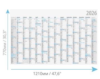 Calendario de pared 2026 para oficina / Planificador anual extragrande / Gráfico de pared enorme de 121 x 77 cm /