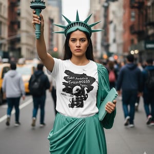Puede incluir: Una persona vestida como la Estatua de la Libertad, con una corona verde y sosteniendo una antorcha. La persona lleva una camiseta blanca con el texto "Make America Trumpless Again" y un gráfico. El fondo es una calle de la ciudad.