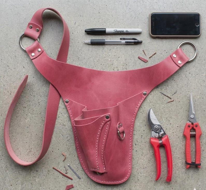 May include: A dusty rose leather gardening tool belt with multiple pockets and a shoulder strap. Two pairs of red handled pruning shears, a black pen, a black Sharpie, and a smartphone are also present.