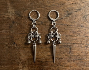 Rivet Chain Drop Earrings Stainless Steel Punk Gothic Dangle Silver Grunge Y2K Spike Statement Women Men Unisex