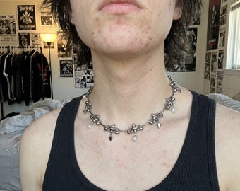Wave Choker Necklace with Spikes and Pearls Punk Goth, Stainless Steel Silver, Baroque Y2K Alt Jewelry Unisex Gift