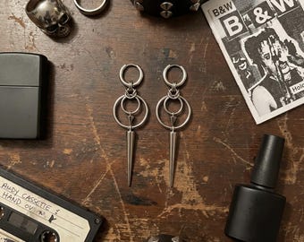 Long Spike Dangle Earrings Silver O Ring Punk Stainless Steel Hugger Hoop Gothic Alt Statement Edgy Goth Jewelry Drop Pair
