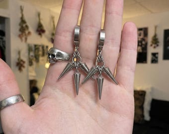 Chunky Spike Hoop Earrings Triple Spike Punk Statement Stainless Steel Hugger Silver Gothic Alt Edgy Trident Goth Jewelry