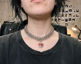 Sacred Heart Chainmail Choker Necklace Sagrado Corazón Red Heart Pendant Punk Gothic Stainless Steel Witchy Alt Dark Romantic