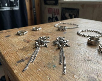 Star Spike Chain Drop Earrings, Stainless Steel Punk Gothic Dangles, Alt Dark Rave Jewelry, Gothic Gift