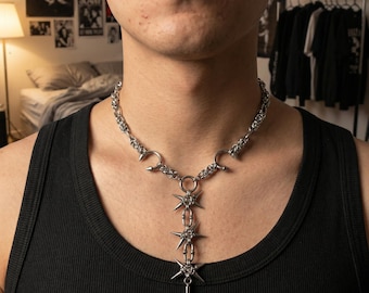 Gothic Spike Chain Necklace Stainless Steel Y Necklace Punk Grunge Statement Jewelry Unisex Dark Aesthetic