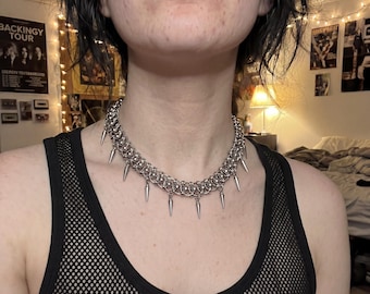 Spike Chainmail Choker Necklace Punk Gothic Silver Statement Spiked Necklace Goth Choker Stainless Steel Alt E-girl Jewelry