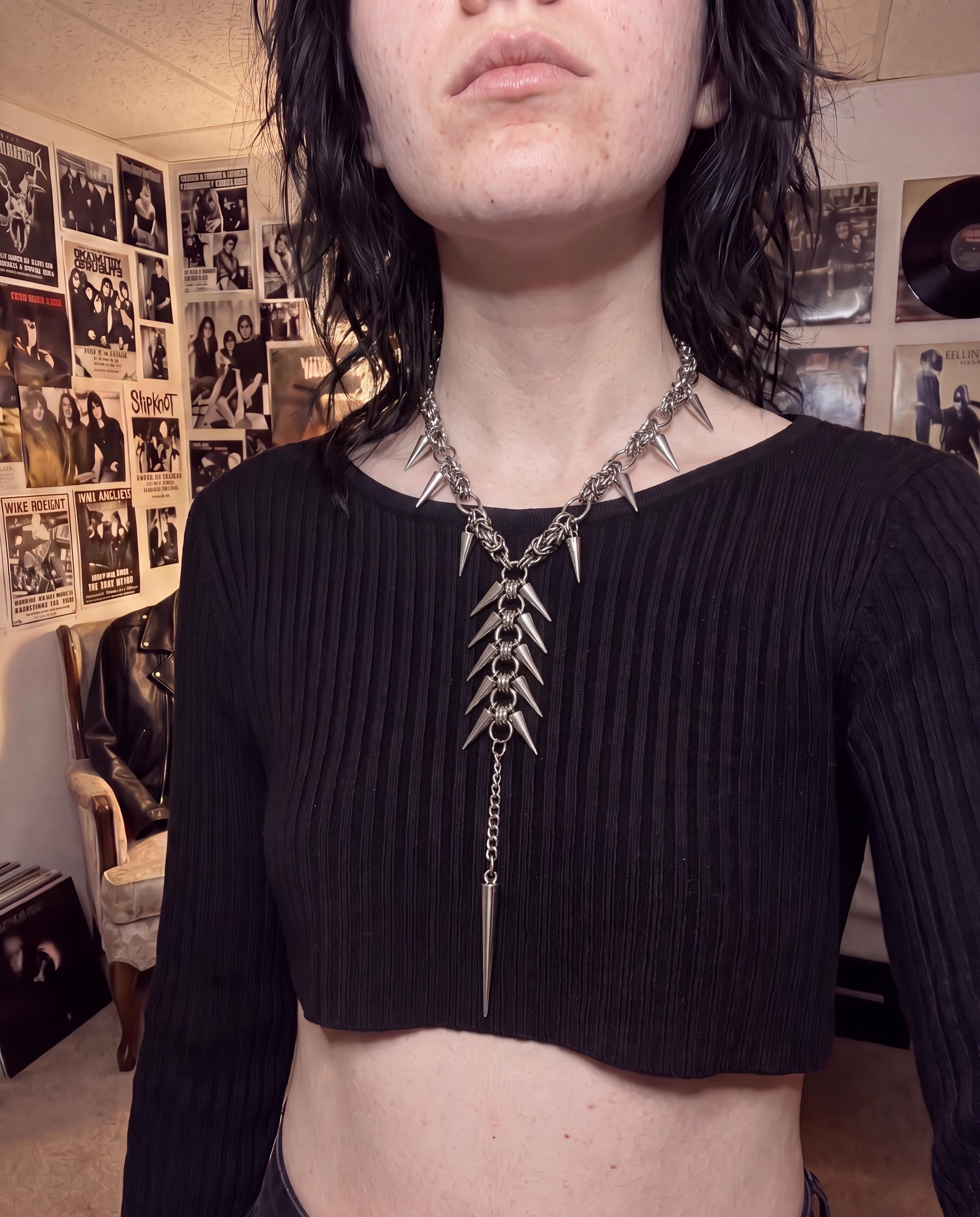 Punk Spike Necklace Byzantine Chain Stainless Steel 