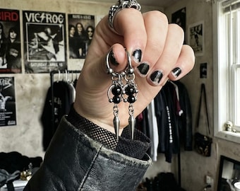 Gothic Black Bead Spike Earrings, Stainless Steel Punk Dangle Earrings, Alt Goth Rave Dark Jewelry, Gothic Gift