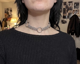 O Ring Choker Chainmail Mesh Day Collar Silver Triple Ring Punk Gothic Goth Alt Grunge Necklace Stainless Steel E-girl Jewelry