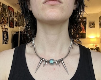 Pearl Spike Choker Iridescent Holographic Necklace Punk Mermaid Jewelry Spiked Statement Choker Stainless Steel Siren Core Y2K