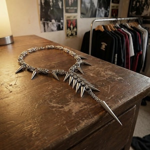 Peut inclure: Un collier argenté avec un motif de maillons de chaîne et de multiples pointes coniques. Le collier est présenté sur une surface en bois. Les pointes sont espacées régulièrement et forment un pendentif.