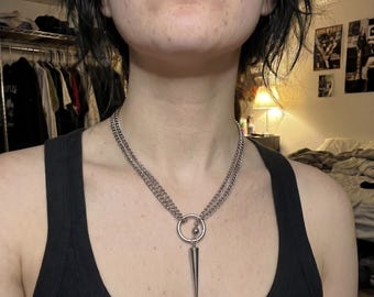 Spike Pendant Necklace Double Chain O-Ring Punk Gothic Silver Layered Necklace Goth Statement Stainless Steel Alt E-girl