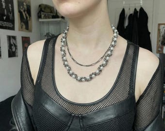 Gothic Pearl Chain Necklace – Punk Chic Choker, Alternative Black and Silver Jewelry, Unisex Gift