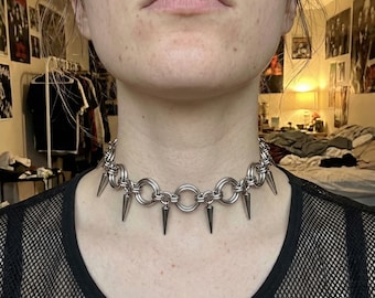 Stainless Steel Spike Choker Necklace – Gothic Chain Ring Necklace – Punk Industrial Jewelry – Dark Choker – Grunge Unisex Necklace