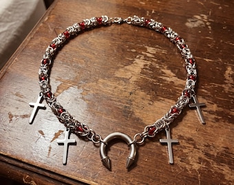 Gothic Cross Necklace Byzantine Chain Witchy Horseshoe Luna Vampire Cross Red Beads Dark Academia Stainless Steel Goth Jewelry