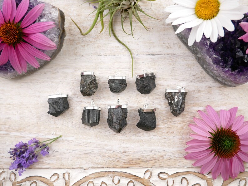 Black Tourmaline RAW Silver Capped Pendants