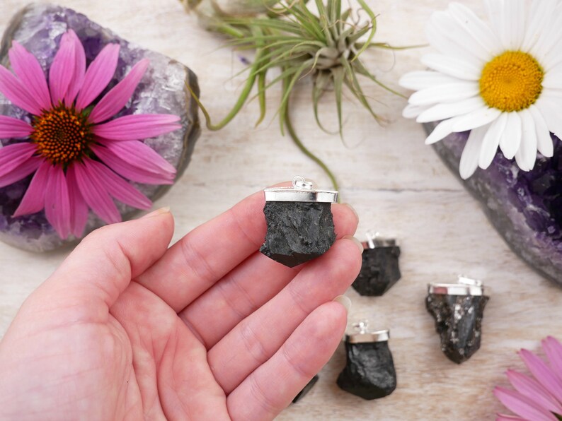 Black Tourmaline RAW Silver Capped Pendants