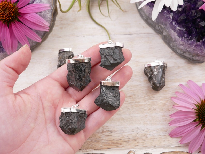 Black Tourmaline RAW Silver Capped Pendants