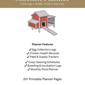 May include: The Backyard Chicken Planner with a red and gray illustration of a chicken coop. The planner includes features for tracking eggs, health, feed, and coop care. It also includes egg collection logs, chicken health records, and more.