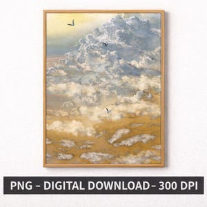 Könnte beinhalten: Gerahmter digitaler Kunstdruck mit einer Wolkenlandschaft in Weiß-, Blau- und Goldtönen. Das Kunstwerk zeigt flauschige Wolken und Vögel im Flug. Der Text "PNG - DIGITAL DOWNLOAD - 300 DPI" befindet sich unten.