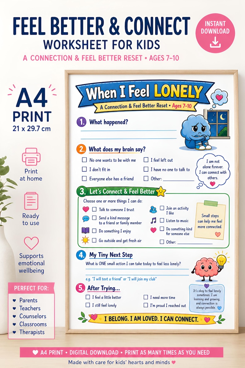 Loneliness Worksheet for Kids | SEL Coping Skills Activity (digital ...