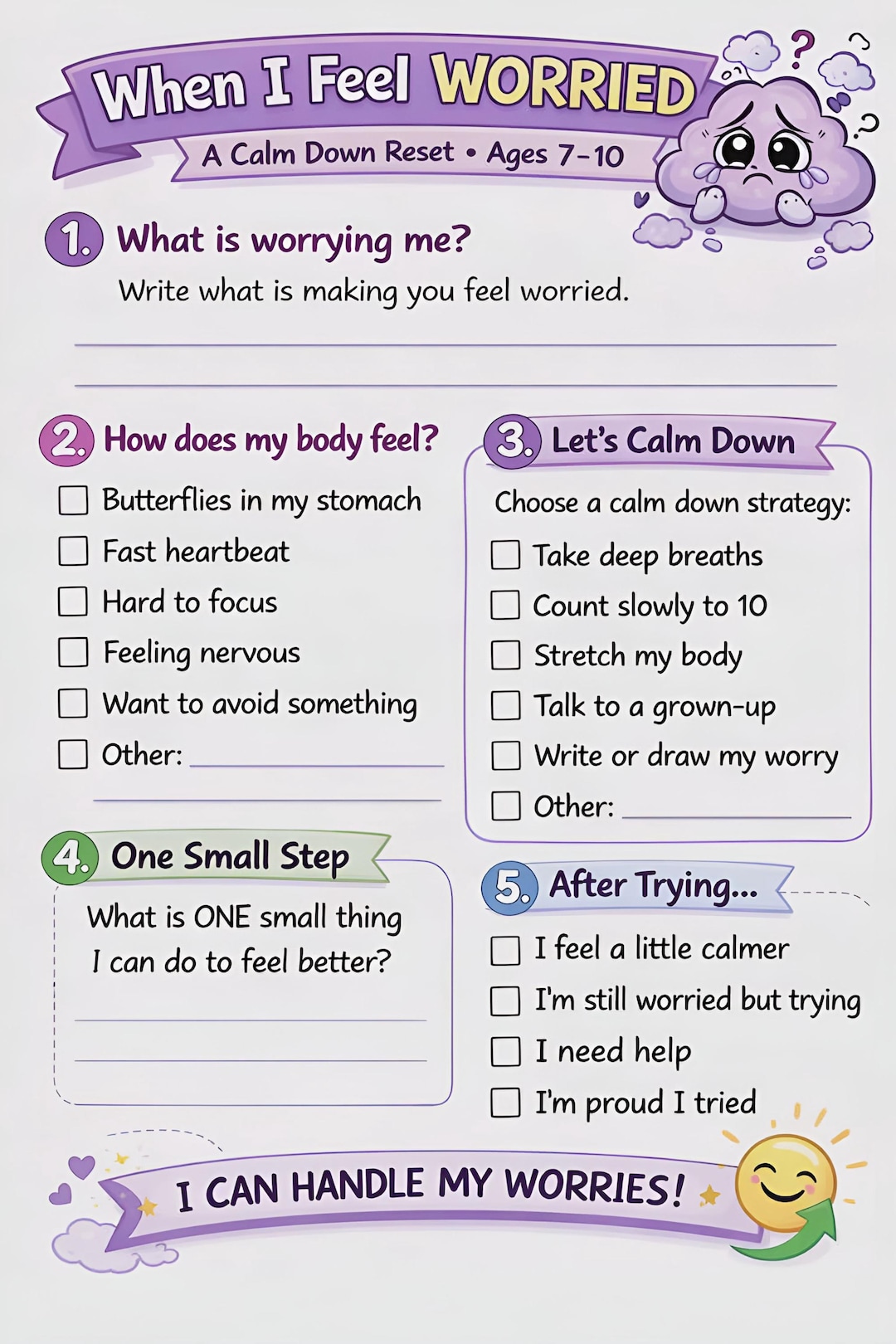 Kids Worry Worksheet | Anxiety Printable | SEL Activity - Etsy