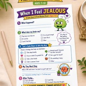 Puede incluir: Hoja de trabajo PDF imprimible de tamaño A4 titulada "When I Feel Jealous" para edades de 7 a 10 años. La hoja de trabajo presenta indicaciones para ayudar a manejar los sentimientos, con ilustraciones coloridas de un cerebro y un espejo.