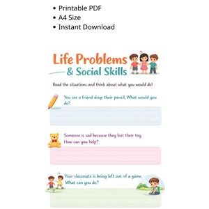May include: A4-sized printable PDF worksheet titled "Social Skills Worksheets" with the text "Life Problems & Social Skills." The worksheet features prompts for children to consider social situations and write responses. Instant download.