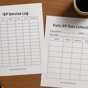 May include: Two white sheets of paper with black text and grid lines, labelled "IEP Service Log" and "Daily IEP Data Collection." A black pen and a coffee mug are also visible on the wooden surface.