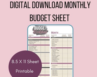 Monthly Budget Sheet, Digital Download, Printable, Monthly Budget Worksheet, Budget Tracker, Spending Tracker