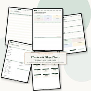 Op de afbeelding: Een verzameling digitale plantverzorgingsplanners weergegeven op tablets. De schermen tonen verschillende organisatorische lay-outs, waaronder kalenders en checklists. De tekst op de afbeelding luidt "Pflanzen- & Pflege-Planer" en "BUNDLE: 2026 | 2027 | 2028".