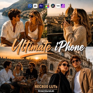 Pode incluir: Uma colagem digital apresentando quatro cenas de pessoas em ambientes externos com iluminação quente, sobreposta com o texto Ultimate iPhone, REC800 LUTs e DreamAuraLab, junto a vários ícones de software incluindo Premiere Pro e VN.