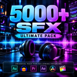May include: A pair of black over-ear headphones positioned in front of a digital graphic with the text 5000+ SFX ULTIMATE PACK. Below the headphones, a rectangular box displays the text UNIVERSAL PACK FOR FOLLOWING PROGRAMS with six icons.