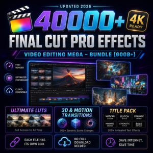 May include: A digital product bundle titled UPDATED 2026 40000+ FINAL CUT PRO EFFECTS VIDEO EDITING MEGA-BUNDLE (60GB+). Features include 4K READY, fast render, cloud compatibility, ultimate LUTs, 3D and motion transitions, and a title pack with animated text effects.